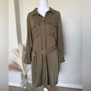 100% Cotton Olive Green Belted Shirt Dress